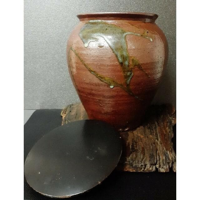 江戸時代中期頃　古丹波　流れ釉　茶壺　黒漆時代蓋付　大壺　花入れ