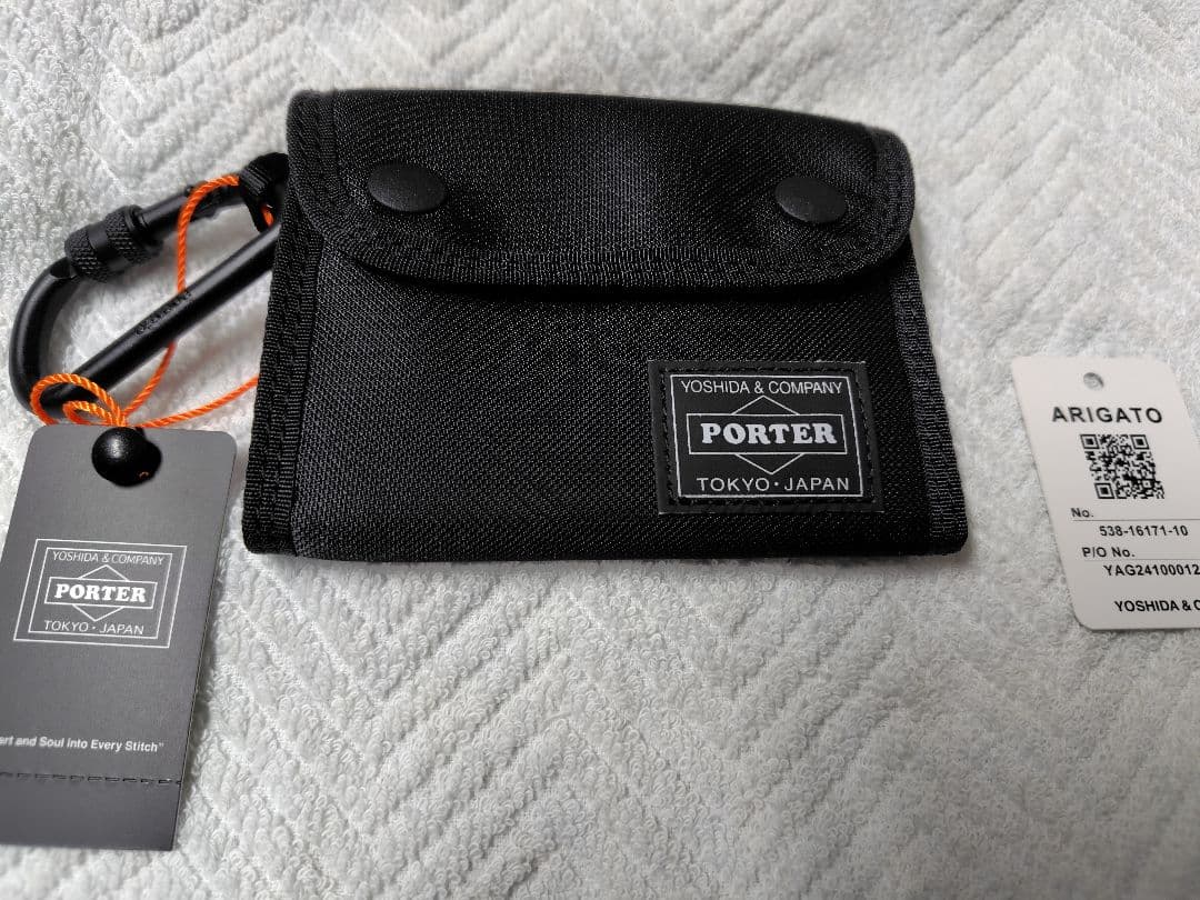 吉田カバンPORTER ブラック 三つ折り財布 カラビナ付き❲美品タグ付❳