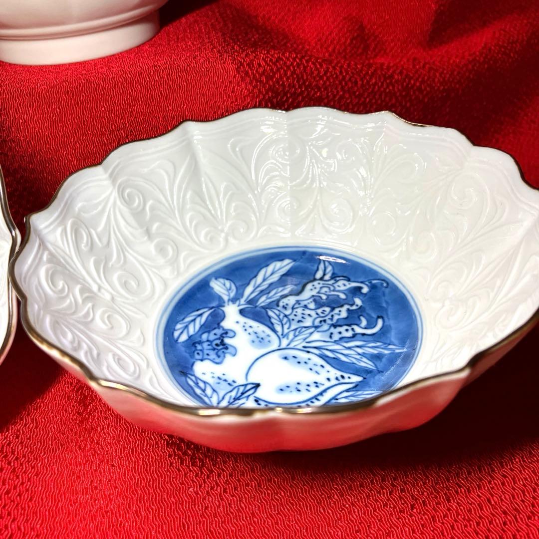 有田焼　貴祥窯　染付草花文　桔梗縁小鉢揃　5個セット