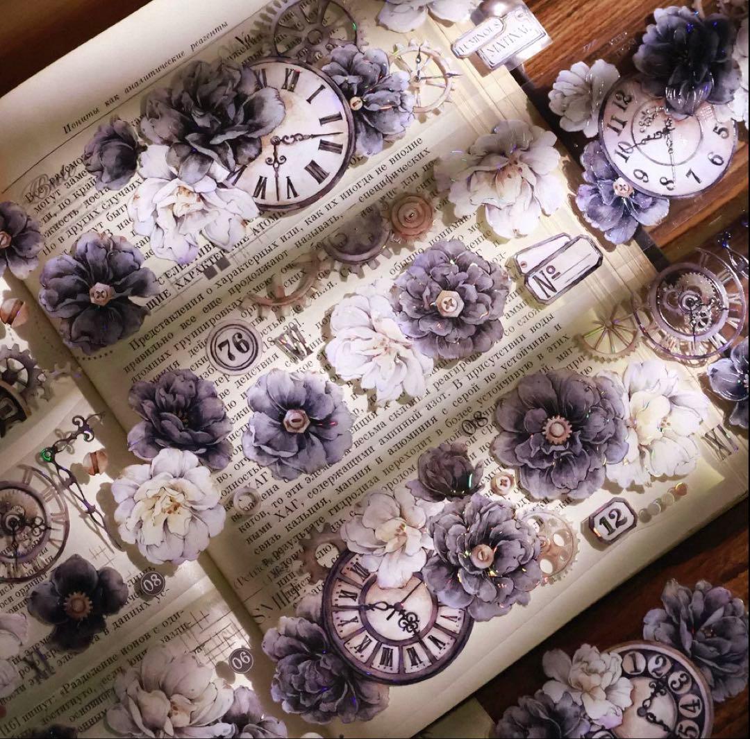 贝壳光 烟墨白 6cm×6m 海外マスキングテープ　海外マステ　時計　花