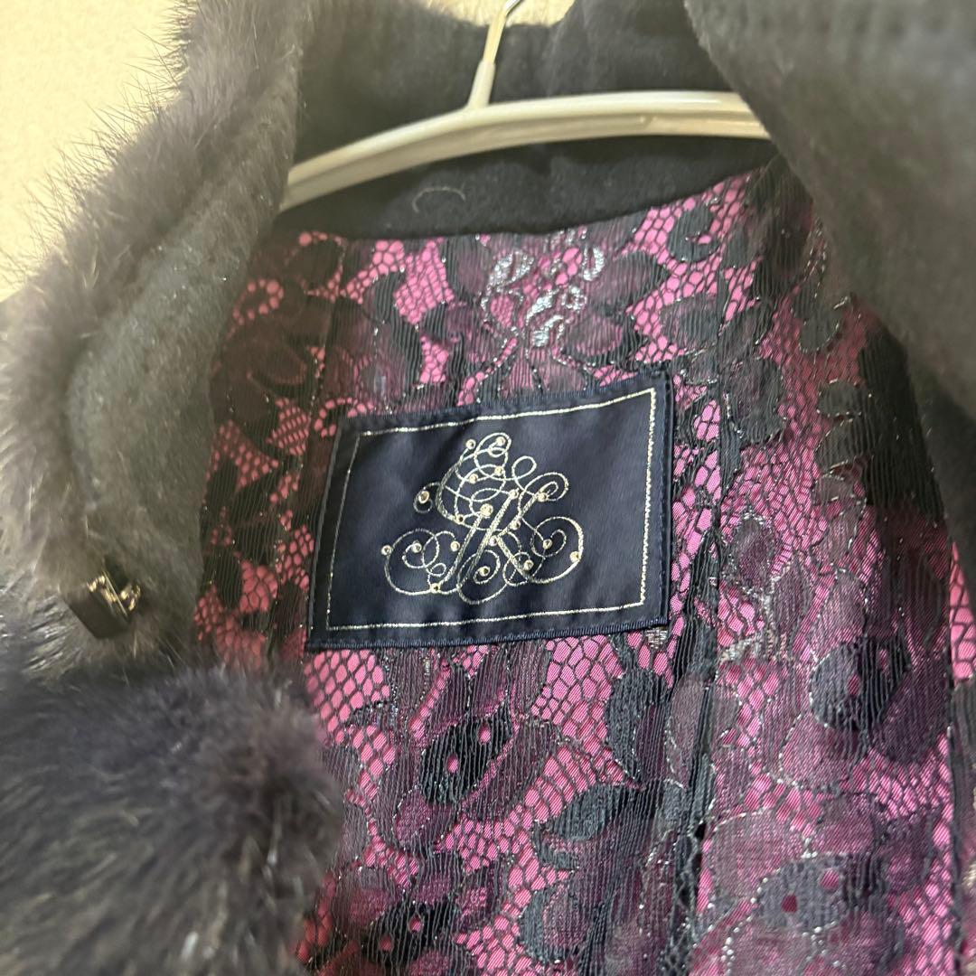 伊太利屋　カシミヤ混　コート　ミンク　リアルファー　ネイビー　美品　M