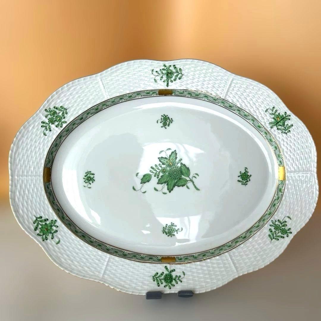 ヘレンド アポニー グリーン オーバル大判プレート 約36.5cm