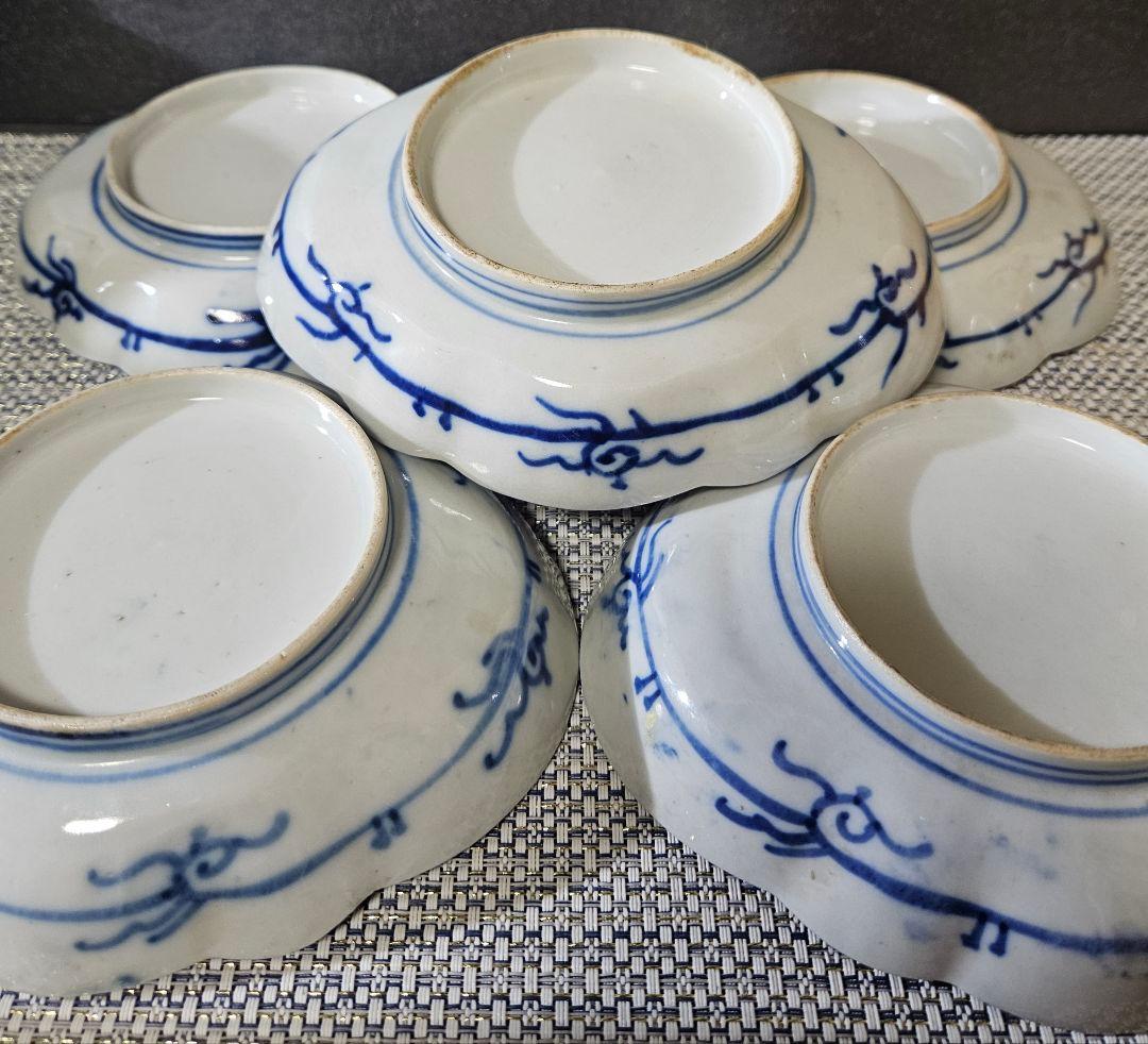 江戸末期～明治初期　古伊万里　錦手　金彩色絵　梅に鶯図　舟形皿5客 17.1cm