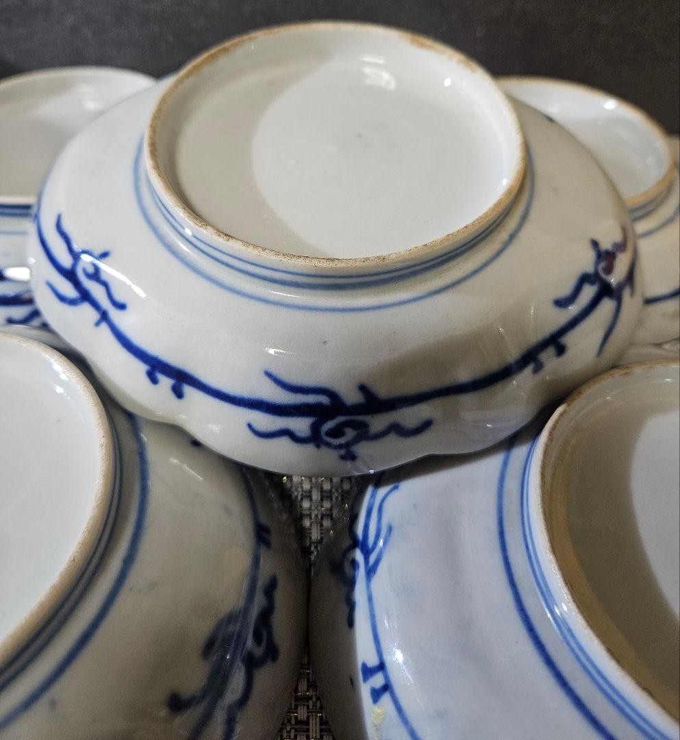 江戸末期～明治初期　古伊万里　錦手　金彩色絵　梅に鶯図　舟形皿5客 17.1cm