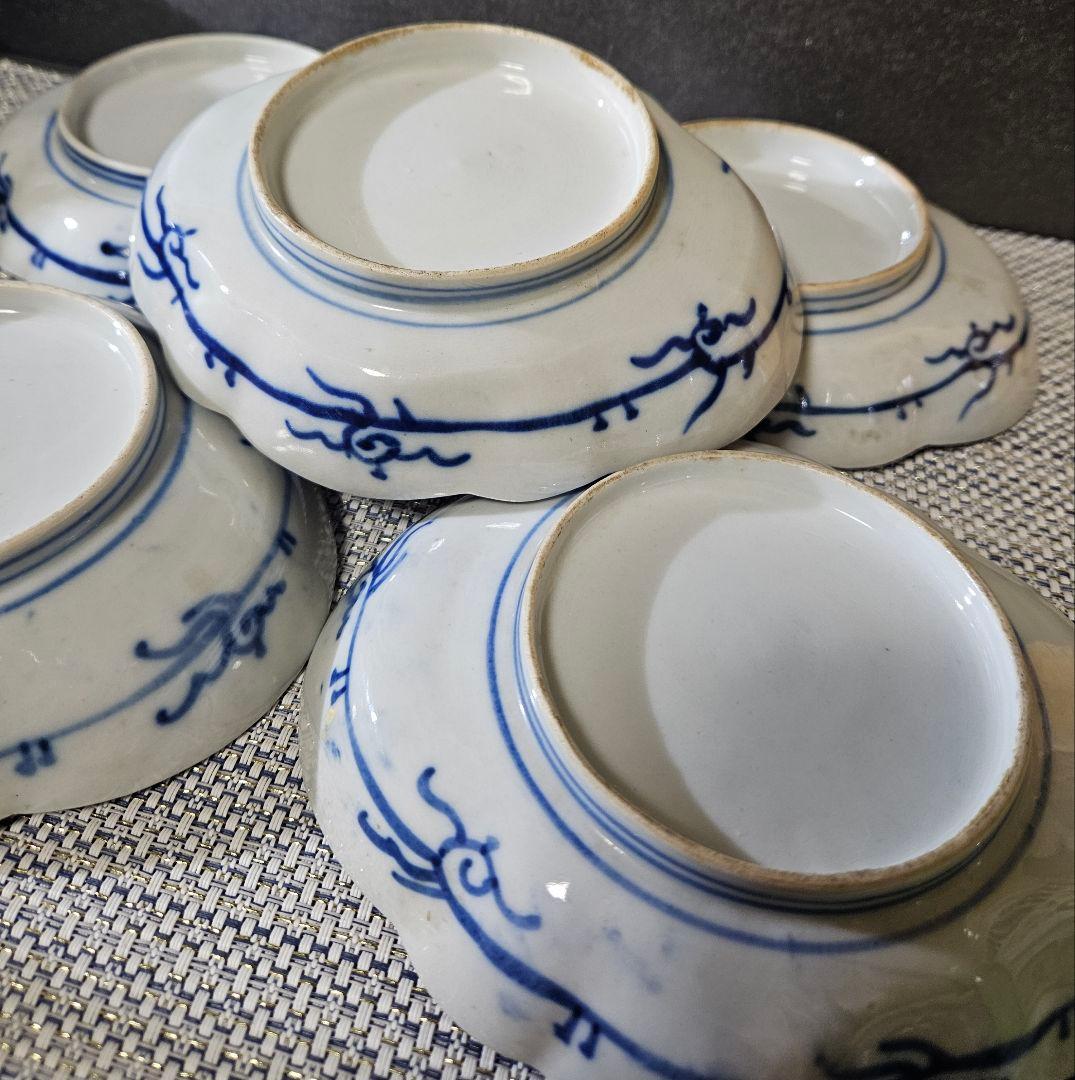 江戸末期～明治初期　古伊万里　錦手　金彩色絵　梅に鶯図　舟形皿5客 17.1cm