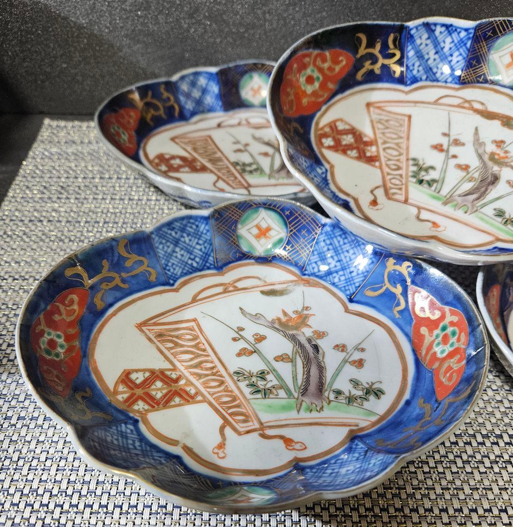 江戸末期～明治初期　古伊万里　錦手　金彩色絵　梅に鶯図　舟形皿5客 17.1cm