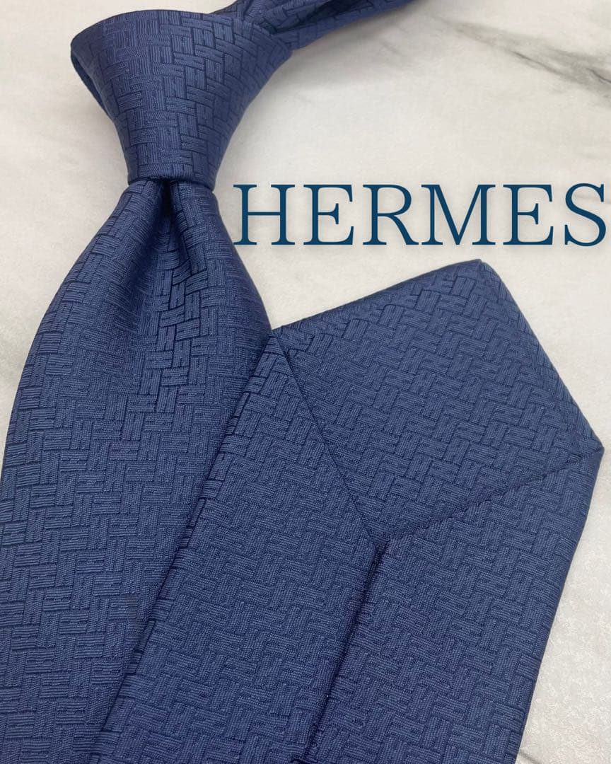 美品 エルメス ハイブランド ネクタイ ファソネ H柄 ネイビー 紺色