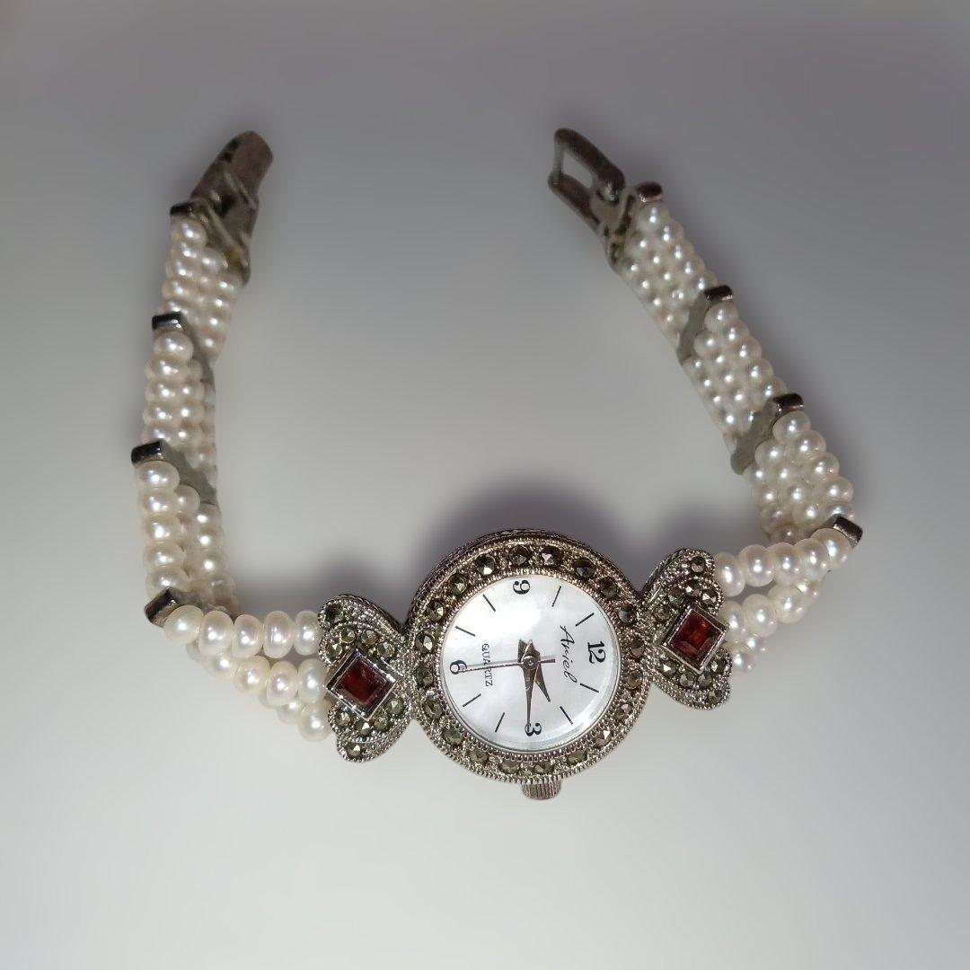 美品❣️ヴィンテージArieIマーカサイト＆ パール装飾 クォーツ腕時計
