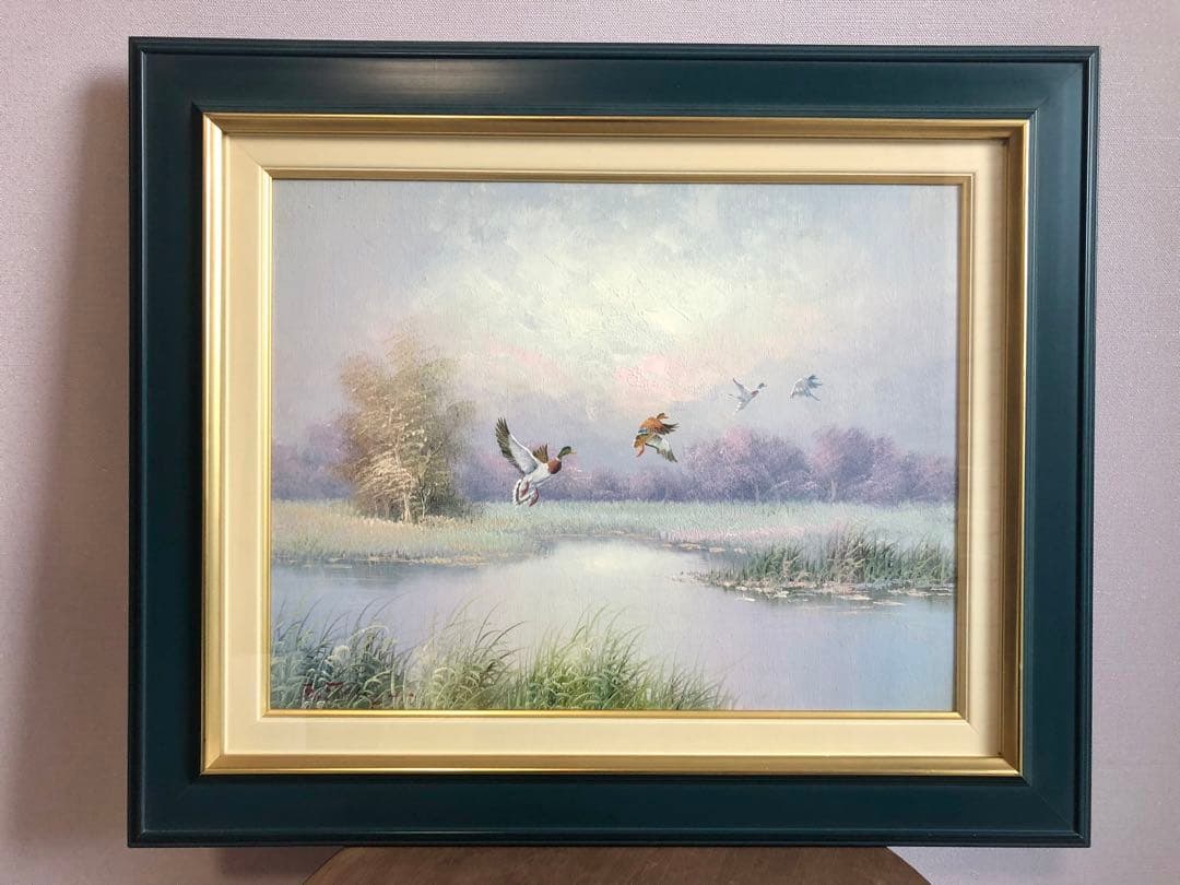 絵画　風景画　 湖畔　鴨　インテリア　額　パステルカラー　ほとり