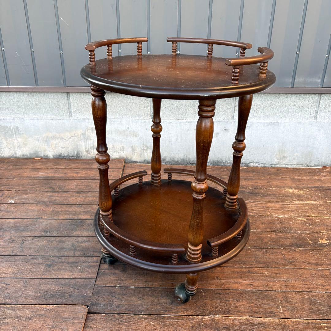 昭和レトロ 飛騨産業 キツツキマーク 木製ワゴン 2段 円形 サービングワゴン