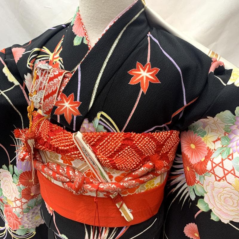 503ag70□七五三 七歳 女児 着物&袋帯&長襦袢 花くす玉 黒□未使用品