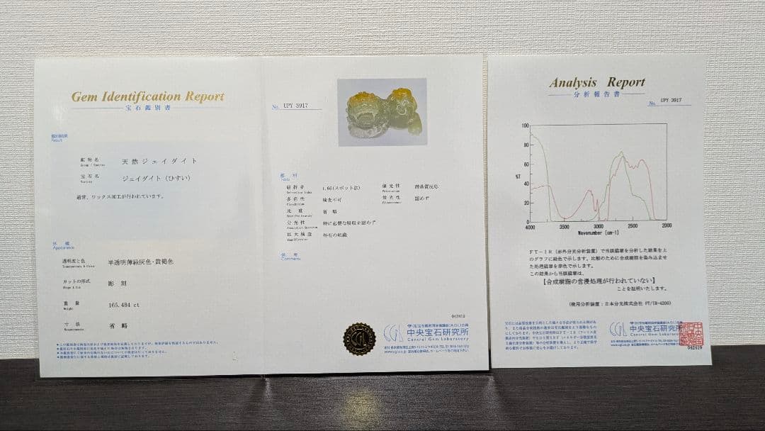 本翡翠　翡翠　獅子　希少　A貨　日本鑑定書付　天然石　魔除け　厄除け　ペア