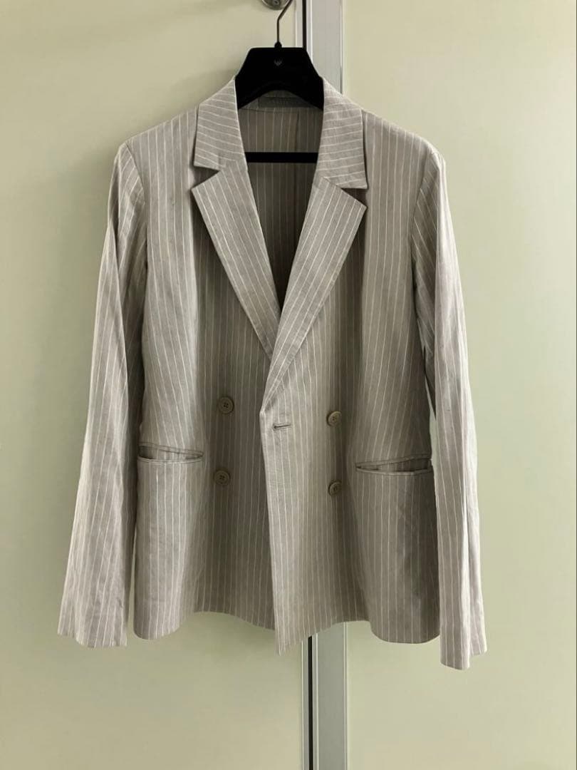 【theory luxe】グレージュ リネン ストライプ ダブル スーツ