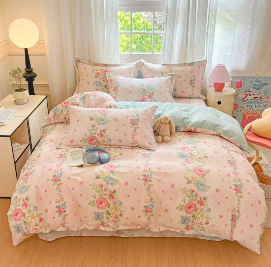 新品★薔薇水玉リボンロマンチック！綿100%シングルカバーセット枕カバー２枚付