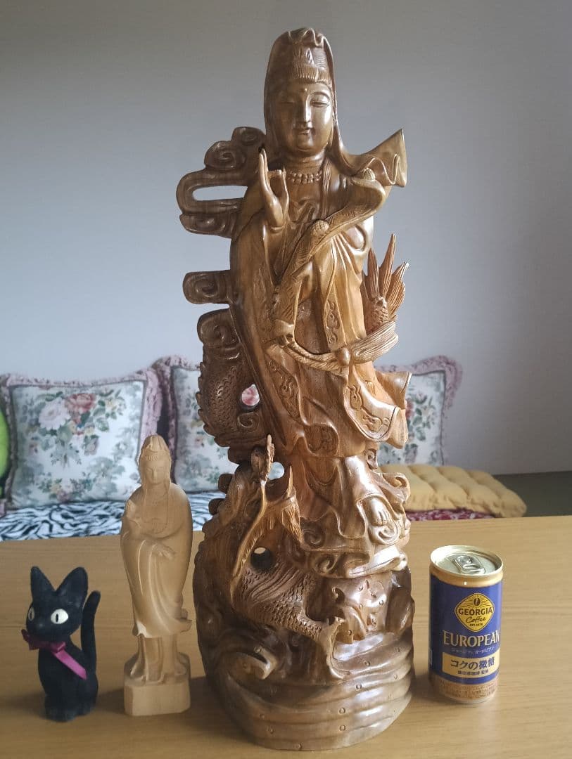 ☆【掘り出し物】☆龍上如意観音と小さな菩薩、ともに木彫り