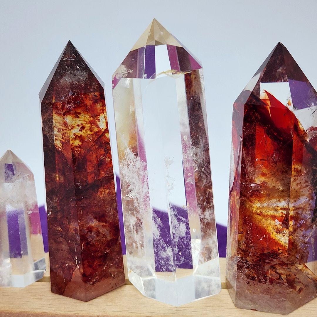 【天然石】ファイヤークォーツ＆水晶 ポイント7本セット LEDライト台座付き