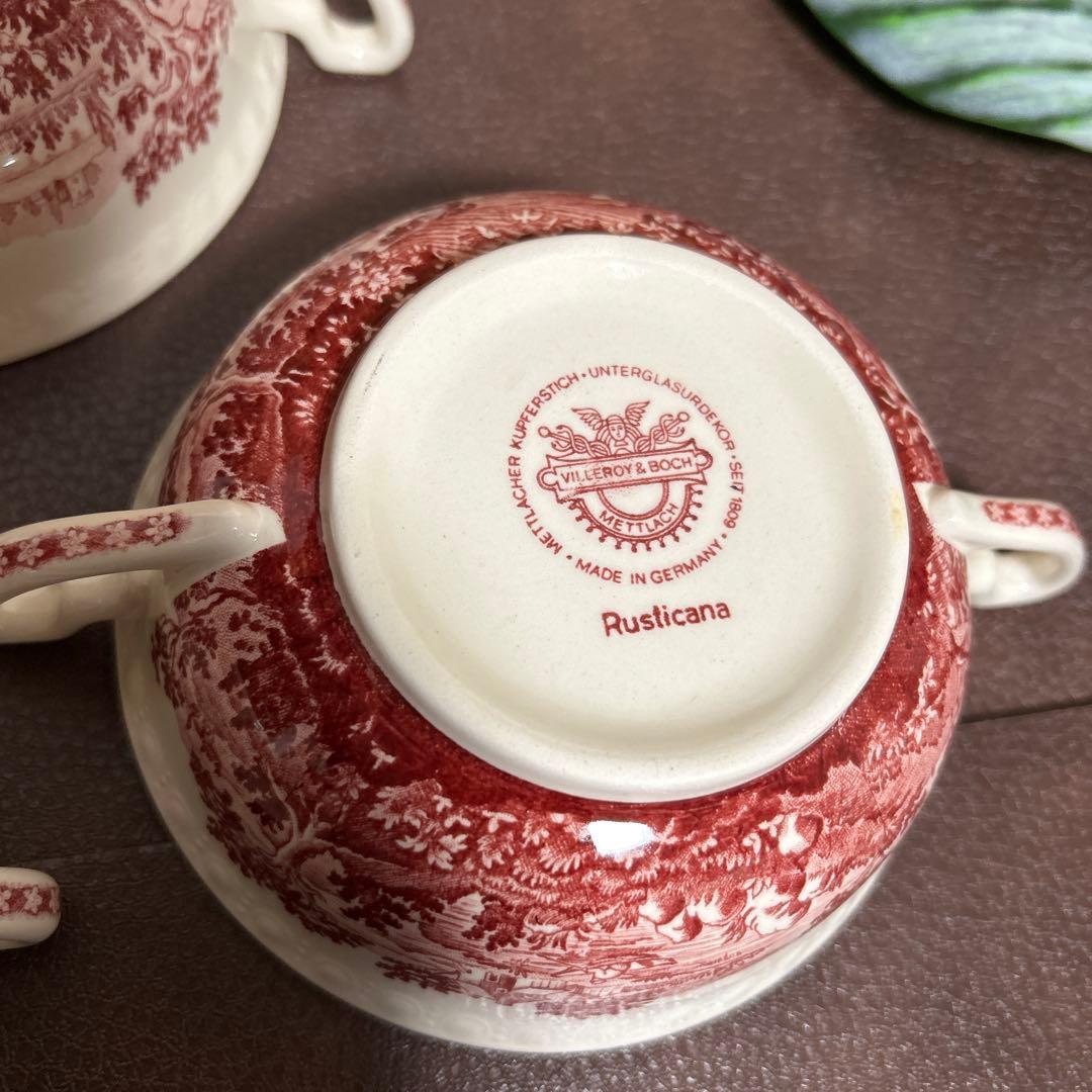 3セット　ビレロイ&ボッホ　スープカップ　ソーサー付　花　赤　Rusticana