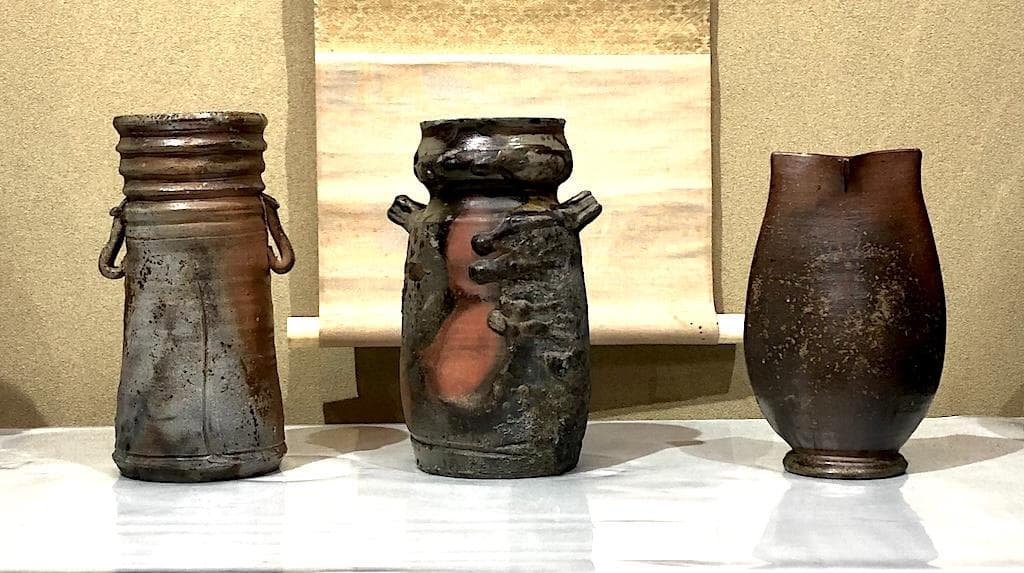 備前花瓶３点　左・木村友敬、中・末石高仙、右・不明、箱無　無傷　在銘　まとめて。