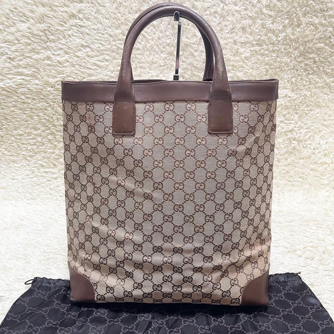 【大容量】GUCCI トートバッグ　キャンバス　レザー　GG柄　A4可　茶系