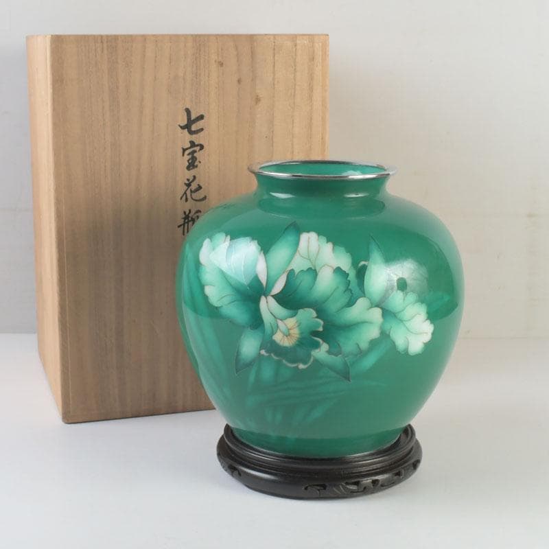 七宝焼　緑釉　花文　花瓶　唐木台付　共箱　V　9833A