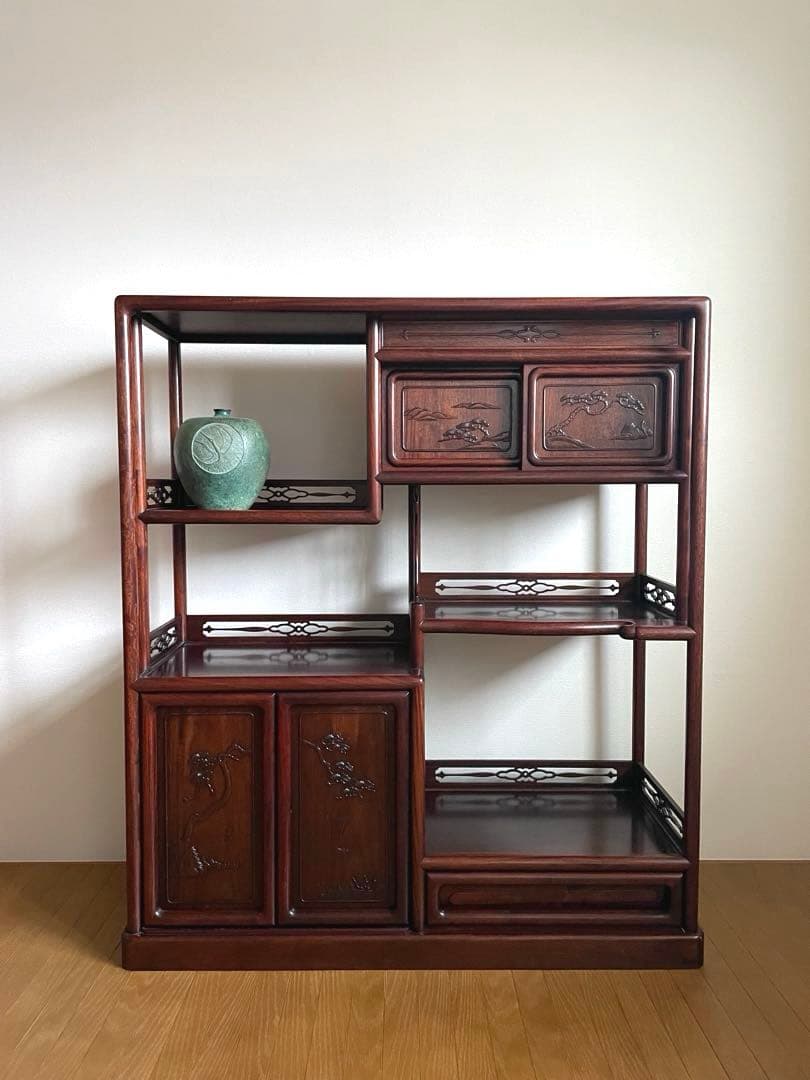 【匿名送料込み】天然木 茶棚 和風 古道具 和室家具 唐草透彫 高級家具