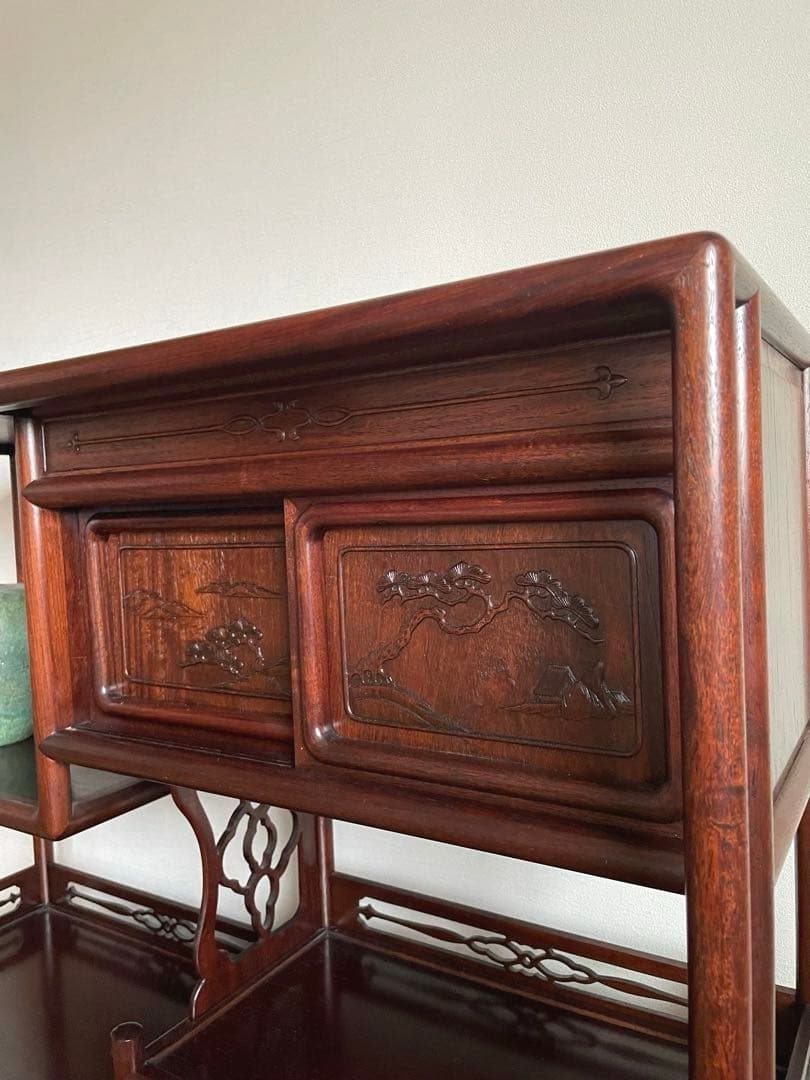 【匿名送料込み】天然木 茶棚 和風 古道具 和室家具 唐草透彫 高級家具