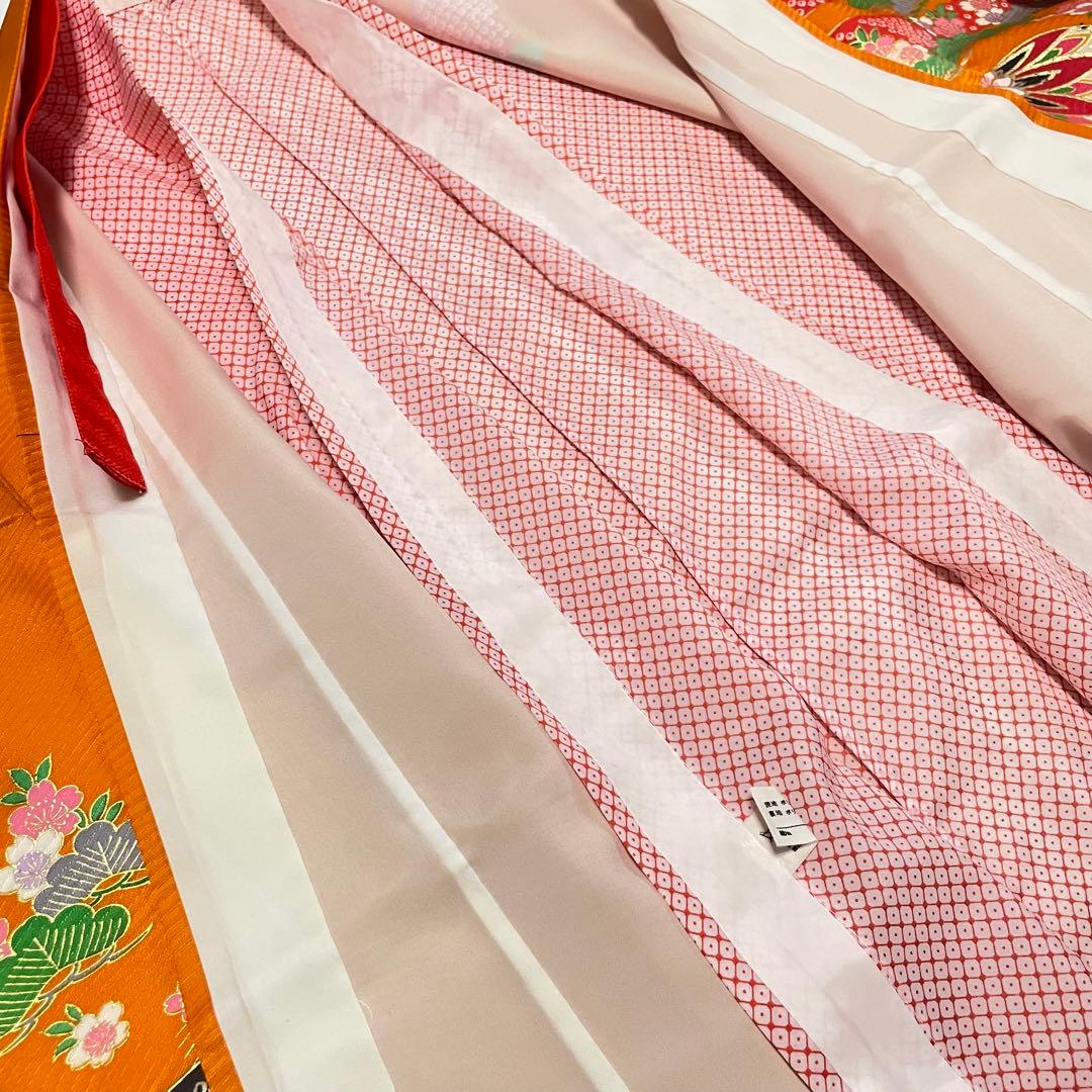 縁起の良い扇柄の七五三 7歳 着物 袋帯 長襦袢 小物セット オレンジ グリーン