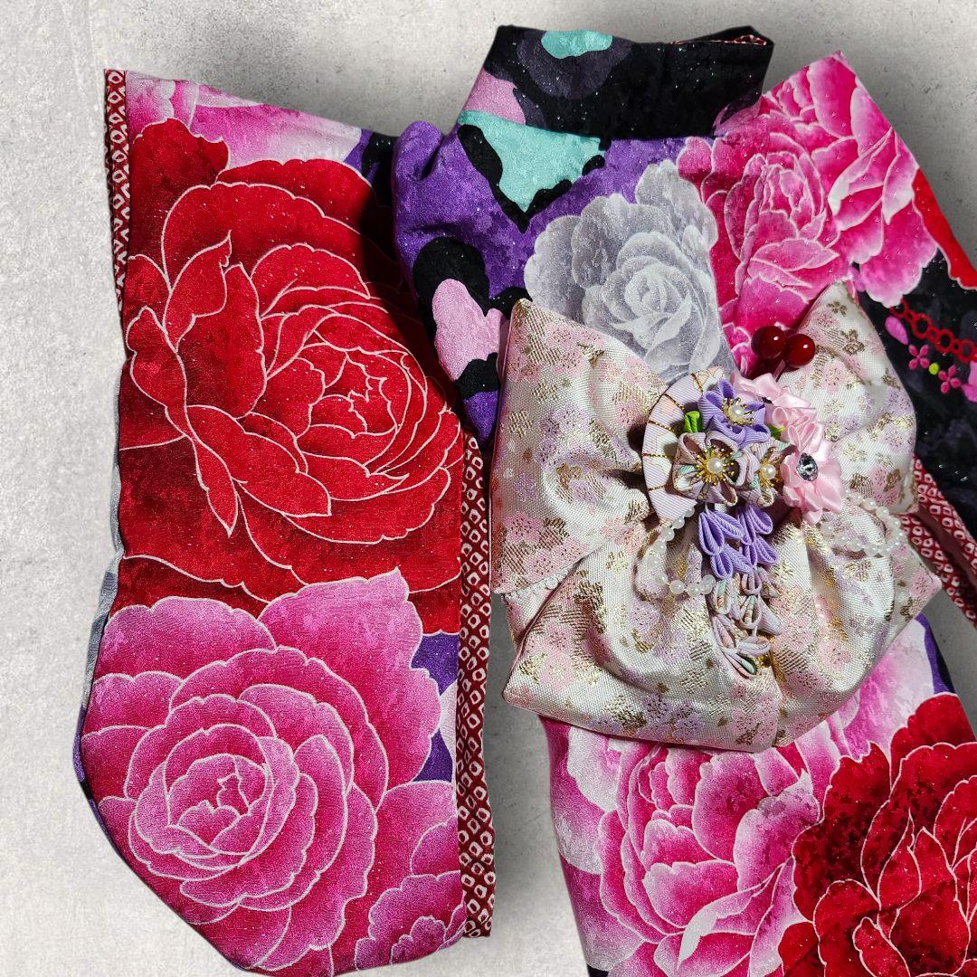 犬服　振り袖　引きずり　黒×ピンク　シルバーラメ　ハンドメイド