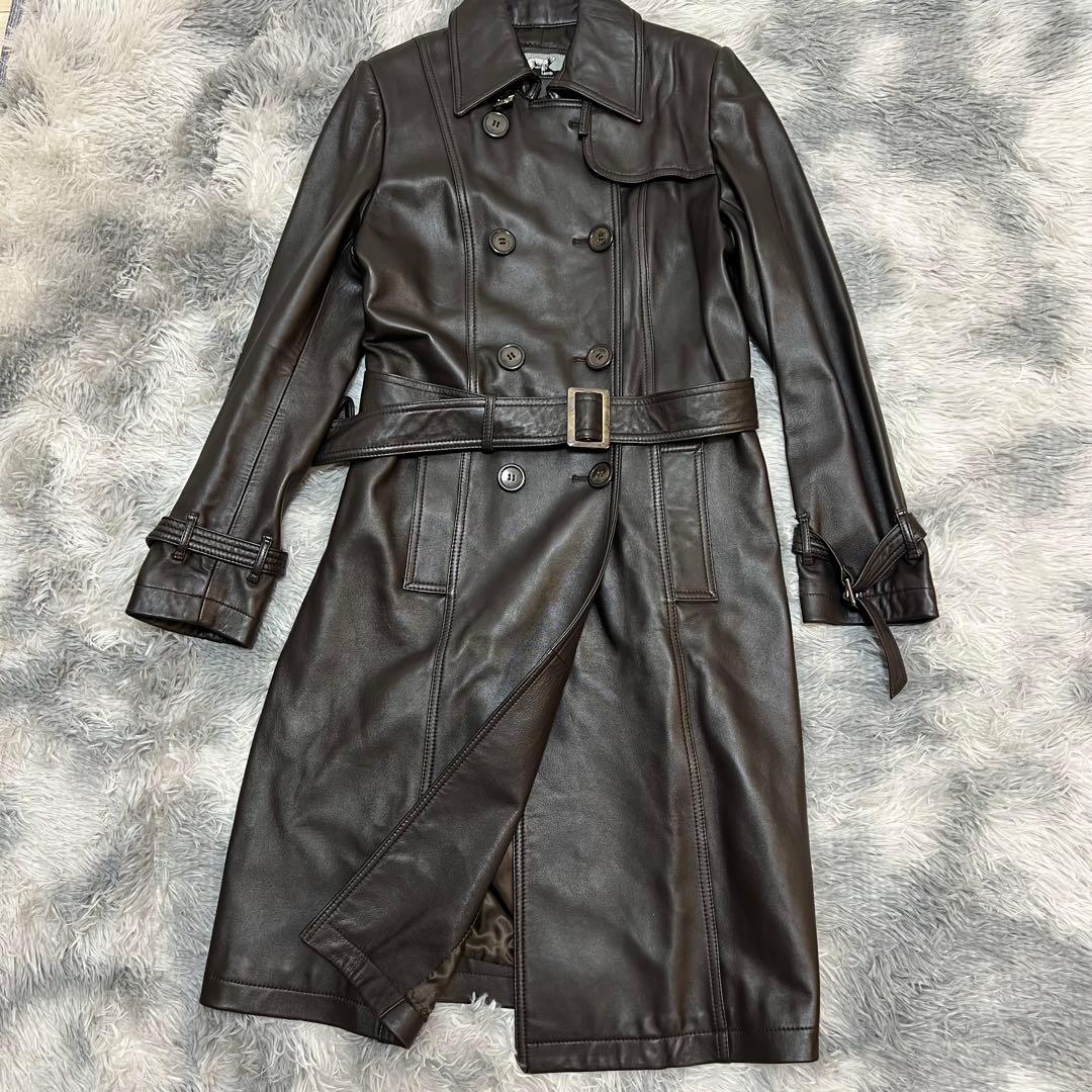 Bellucci ラムレザー ロングコート ダークブラウン M 羊革 ベルト