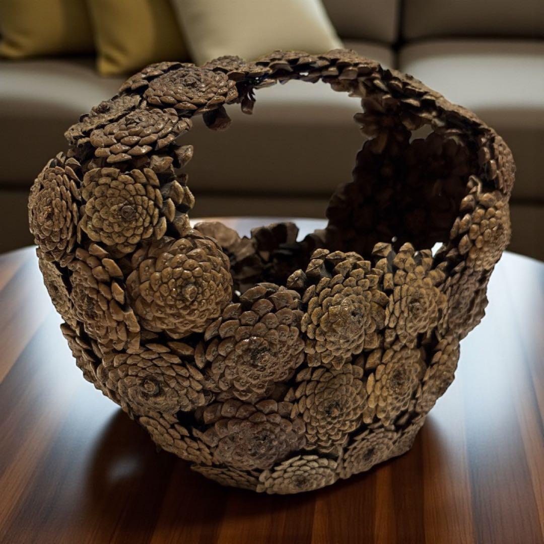松笠細工 シダーローズ 花籠 取っ手付き 木の実クラフト バスケット オブジェ