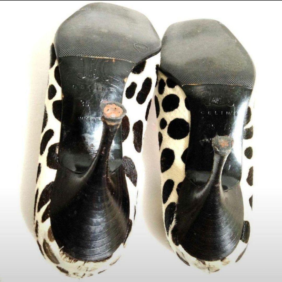 ♯374 希少CELINEハラコダルメシアン柄パンプス ヒール スクエア金具ロゴ