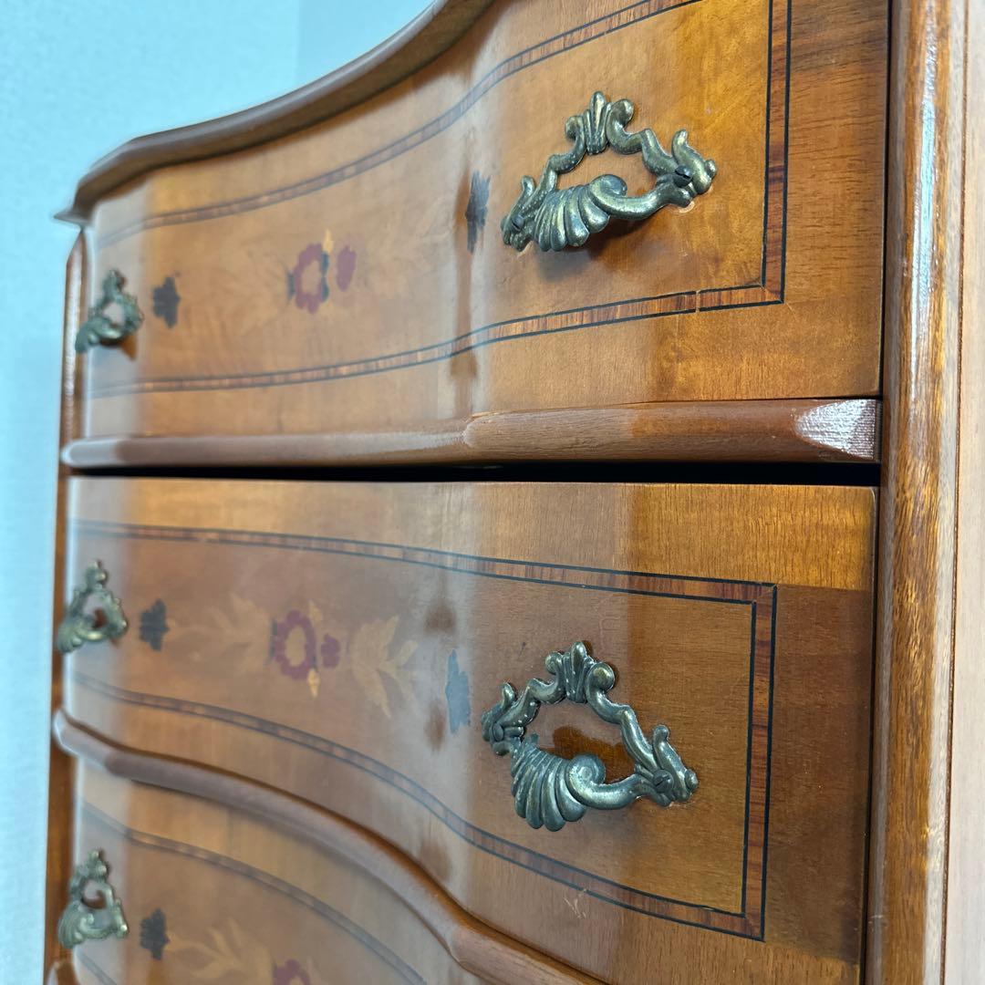 イタリア製 チェスト 5段5杯 象嵌細工 象嵌 金属取手 猫脚 i4※