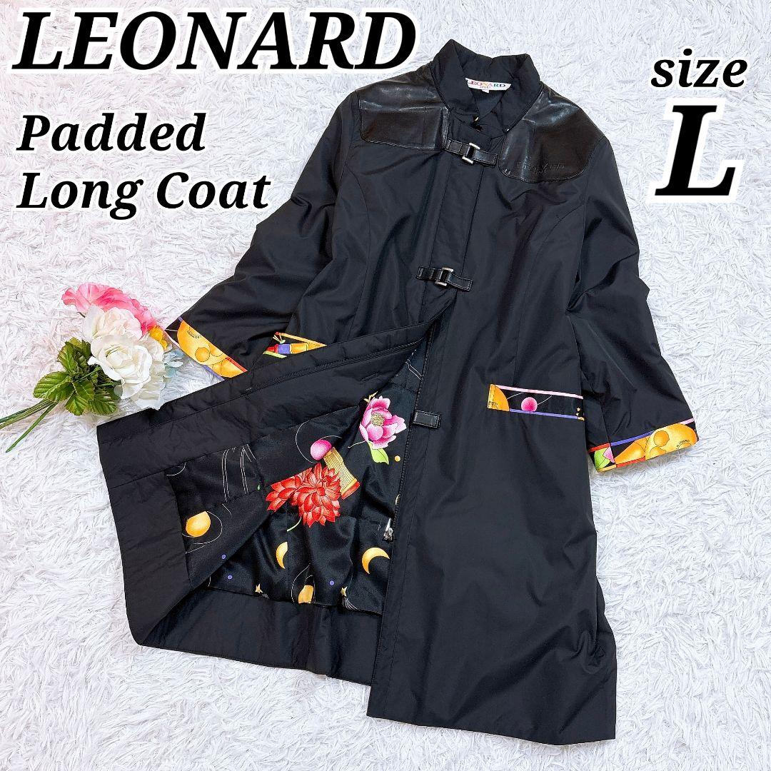 訳あり【極美品】レオナール パデッドロングコート トリム 花柄裏地 ブラック L