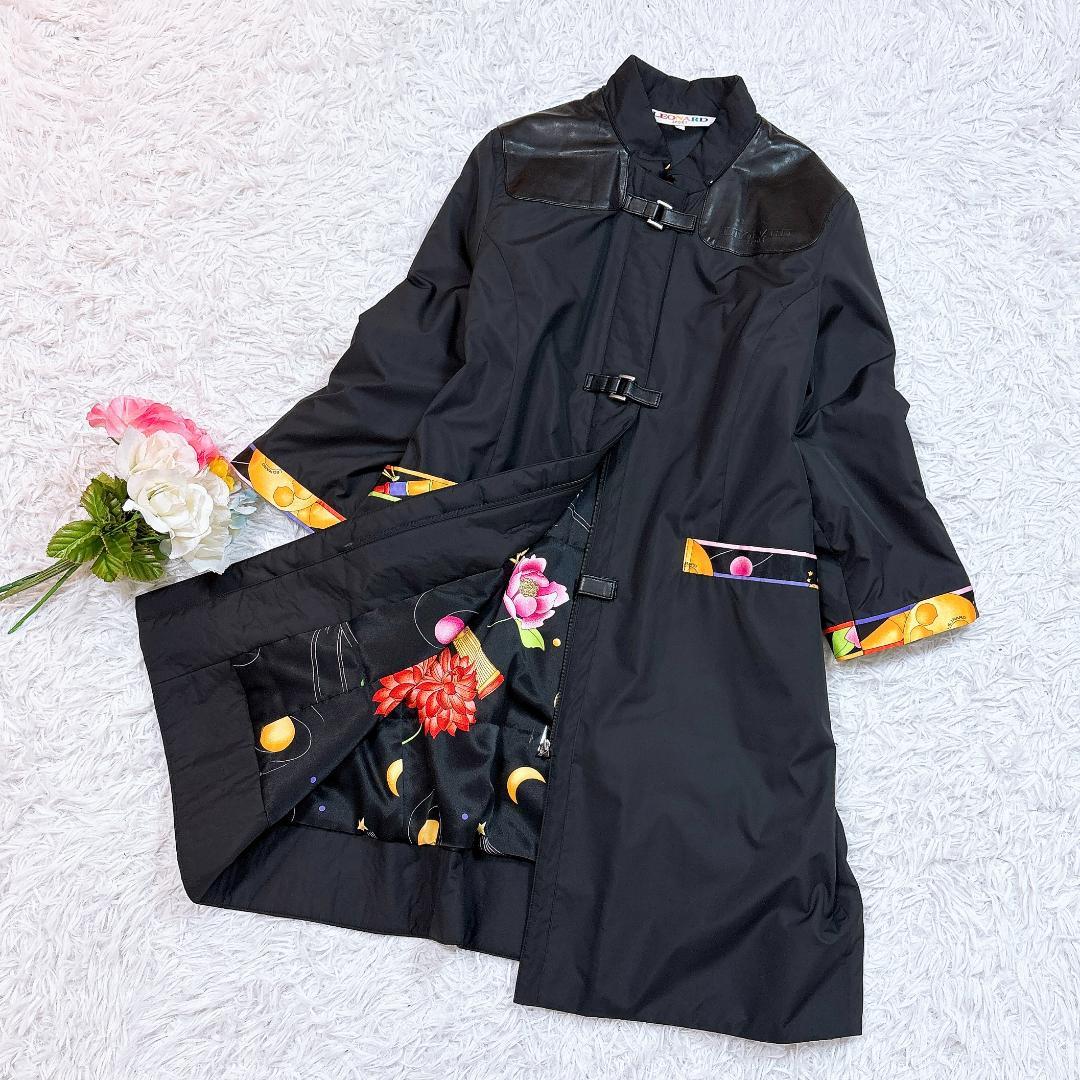 訳あり【極美品】レオナール パデッドロングコート トリム 花柄裏地 ブラック L