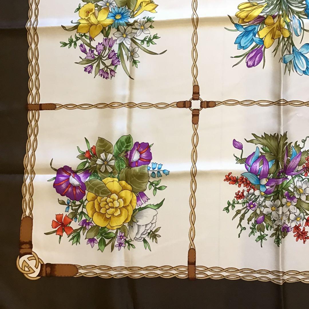 グッチ　GUCCI フローラ　シルク　スカーフ　オールドグッチ　ビンテージ　茶