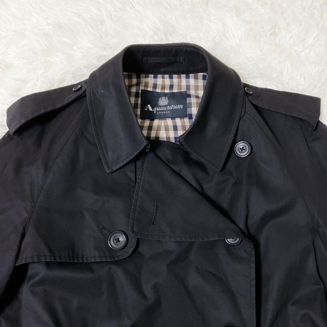 【大人気定番】Aquascutum⭐︎トレンチコート ベルト付 チェック 黒 M