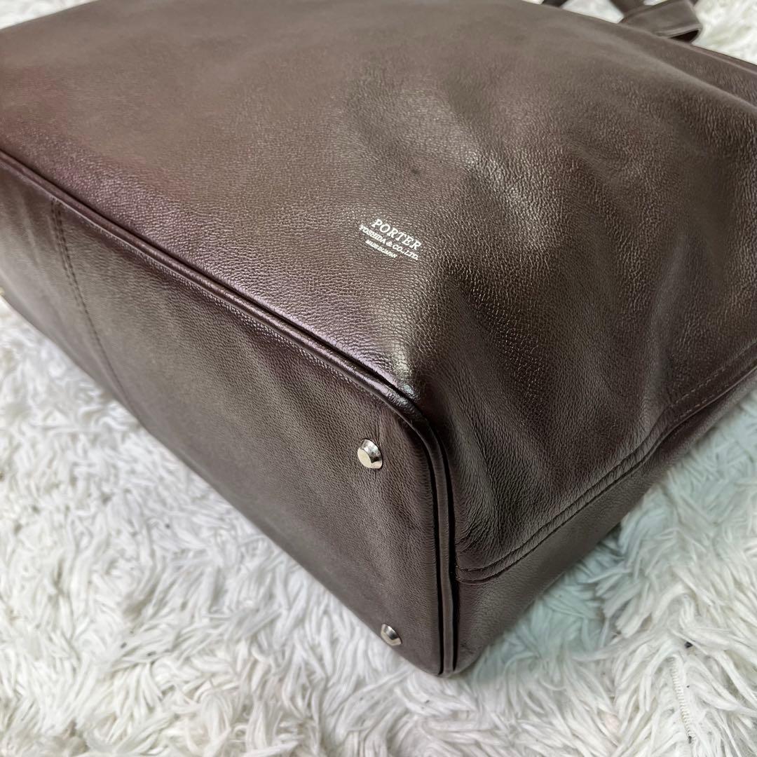 良品✨ポーター リンク メンズ レザー トートバッグ 大容量　A4収納 ブラウン