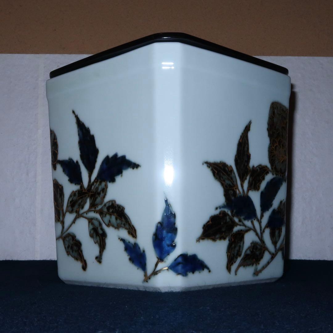 【茶道具】手塚玉堂作　玉堂窯　草花絵角形水指