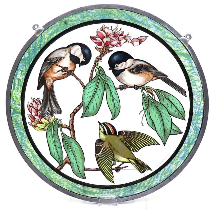 3匹の小鳥 ダブルリム ヴィンテージ ステンドグラス 大判 グリーン アメリカ
