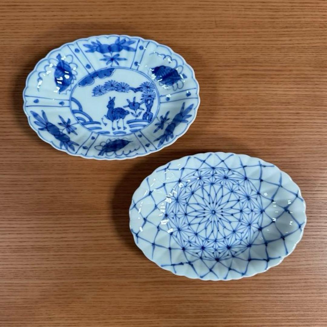 有田焼 渓山窯 染付 菊型小判皿 2柄セット☆