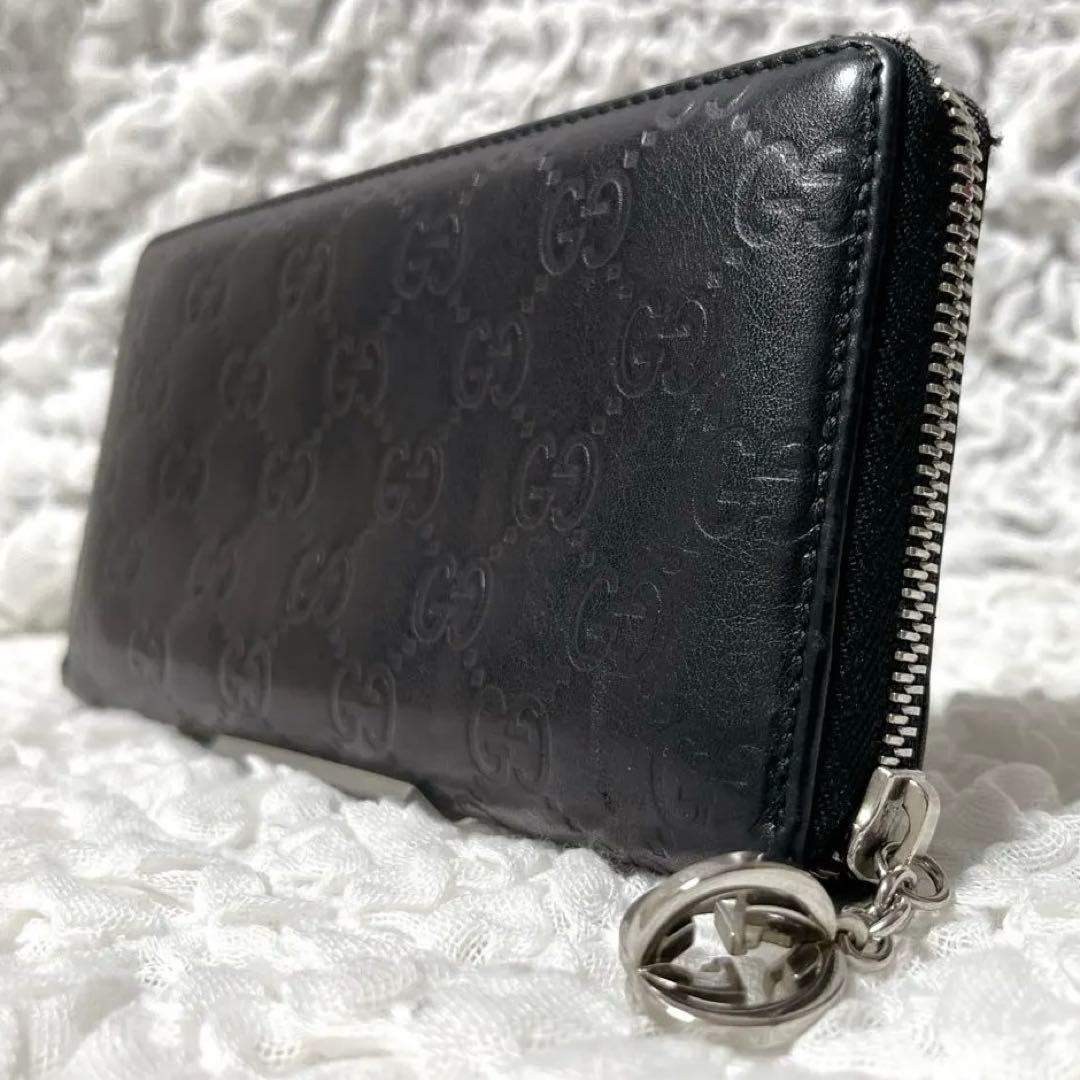 希少✨GUCCI ブラックレザー 長財布 GG ラウンドファスナー　シマ