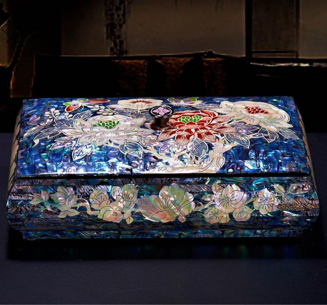 花柄貝殻装飾のアクセサリーケース伝統工芸 螺鈿(らでん) 牡丹文様 手作り宝石箱