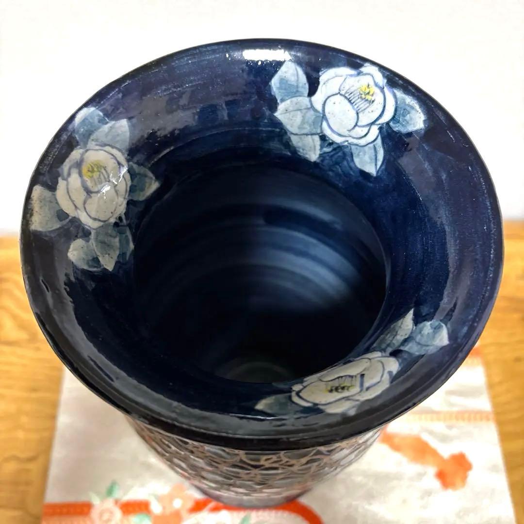 味乗窯　椿文　花瓶