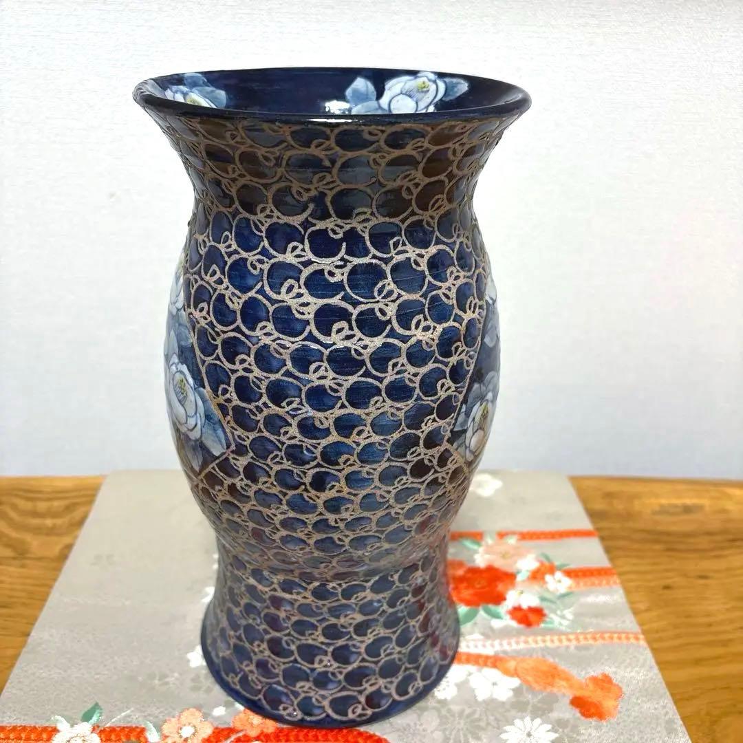 味乗窯　椿文　花瓶