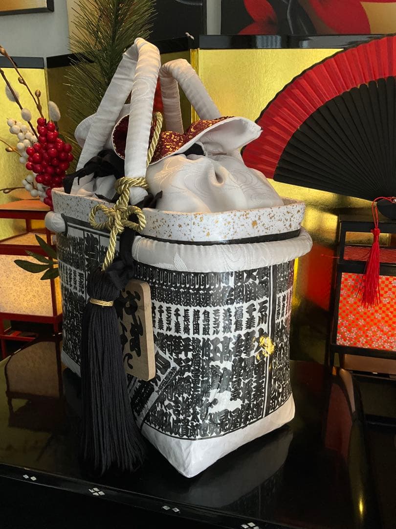 一閑張り　大相撲　相撲番付表　和風　黒白文様　かごバッグ