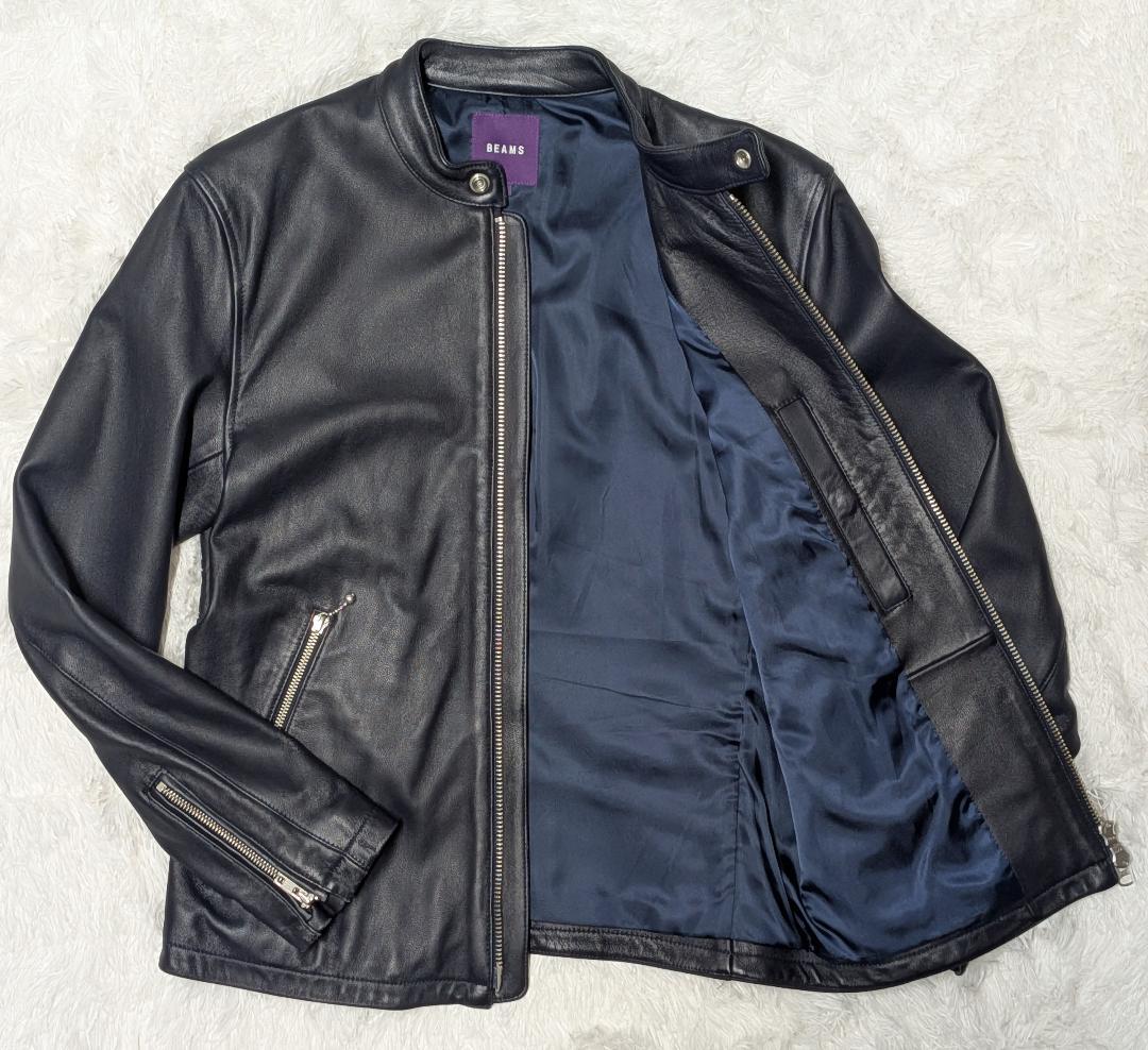 BEAMS シングルライダースジャケット Mサイズ ネイビー 本革