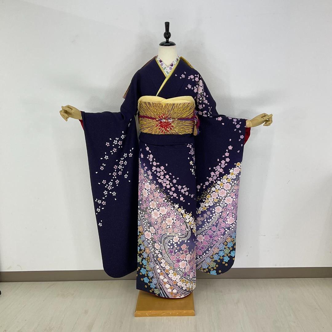 お振袖 紺紫　辻が花　正絹　美品