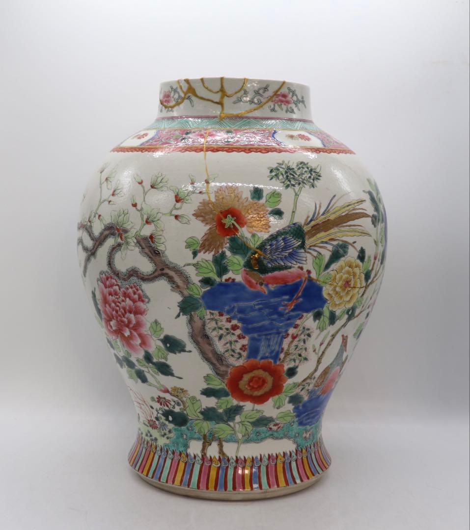 中国　粉彩雉鳥牡丹紋大瓶　高さ35cm 送料込み251107