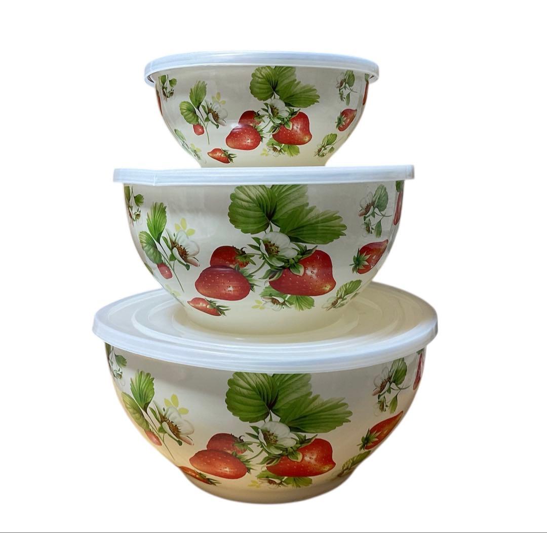 イチゴデザイン 蓋付きボウル 3個セット　　ホーローボウル