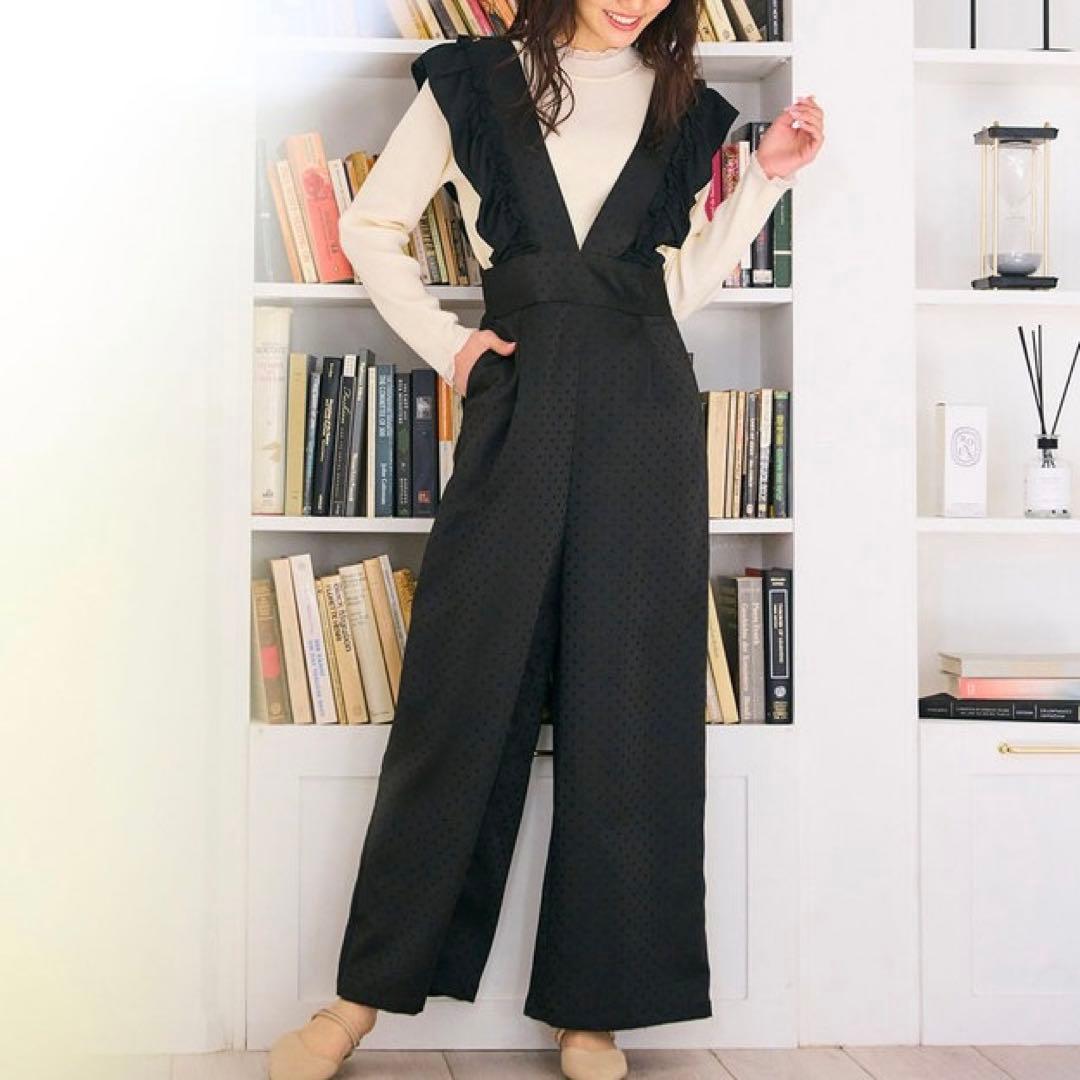 【美品】 Feroux 洗える フリルショルダードット サロペット